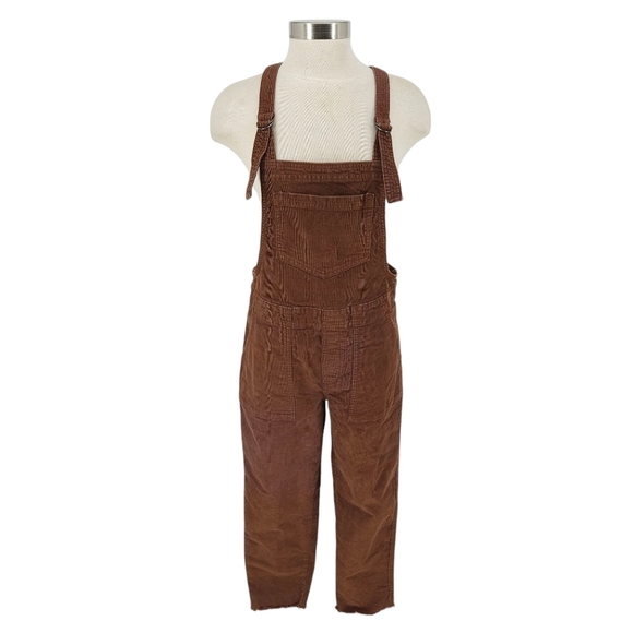 Aerie Straight Leg Overalls Brown Corduroy Raw Hem Crop Ankle Coveralls XS Small - Picture 1 of 7